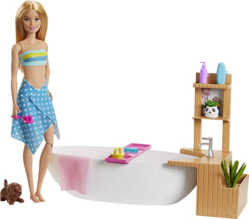 Barbie GJN32 - Wellnesstag Puppe (blond) und Spielset, mit Badewanne, Hündchen und weiteren Zuebhörteilen, Spielzeug ab 3 Jahren von Barbie