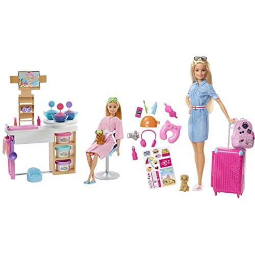Barbie GJR84 - Wellness Gesichtsmasken Spielset, Puppe (blond), Hündchen, Spa-Station, Knete, 10 Zubehörteilen & FWV25 Travel Puppe (blond) mit Hündchen, aufklappbarem Koffer von Barbie