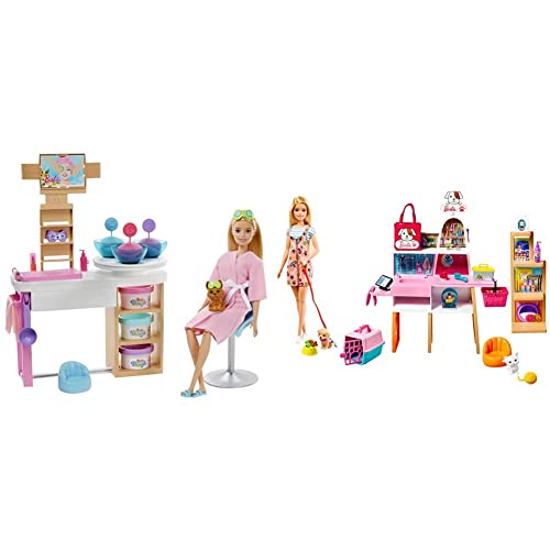 Barbie GJR84 - Wellness Gesichtsmasken Spielset, Puppe (blond), Hündchen & GRG90 - Puppe und Haustiersalon-Spielset mit 4 Haustieren, Farbwechsel-Fellpflegefunktion und Zubehör von Barbie