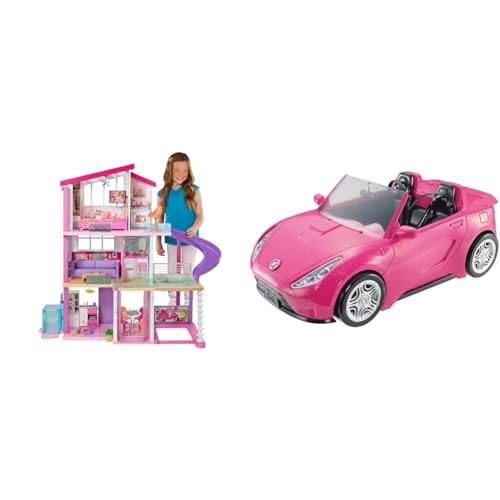 Barbie GNH53 Traumvilla Dreamhouse Adventures Puppenhaus mit 3 Etagen, 8 Zimmer, Pool mit Rutsche und Zubehör, ca. 116 cm hoch & Cabrio Fahrzeug, in pink, mit Platz für 2 Puppen, Puppen Zubehör von Barbie