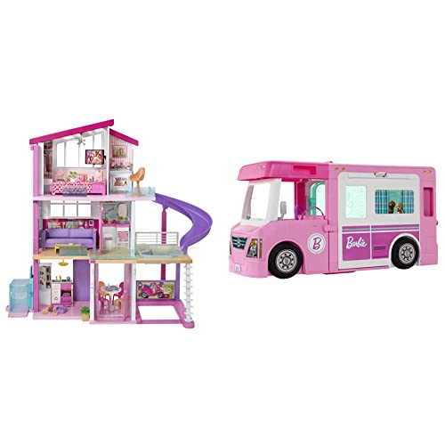 Barbie GNH53 Traumvilla Dreamhouse Adventures Puppenhaus mit 3 Etagen, 8 Zimmer & GHL93-3-in-1 Super Abenteuer-Camper, ca. 91 cm, umwandelbarer Camper für Puppen mit Pool von Barbie