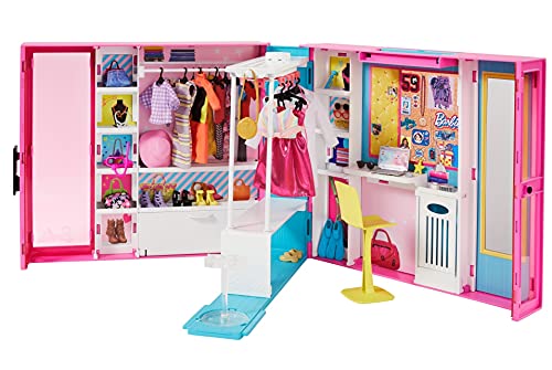 Barbie GPM43 - Traum Kleiderschrank mit 30+ Zubehörteilen, ca. 60 cm breit, 10+ Aufbewahrungsbereiche, mit Ganzkörperspiegel, kleiner Tisch & sich drehender Kleiderstange, inkl. 5 Outfits, ab 3 Jahren von Barbie