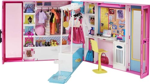 Barbie GPM43 - Traum Kleiderschrank mit 30+ Zubehörteilen, ca. 60 cm breit, 10+ Aufbewahrungsbereiche, mit Ganzkörperspiegel, kleiner Tisch & sich drehender Kleiderstange, inkl. 5 Outfits, ab 3 Jahren Barbie GPM43 - Traum Kleiderschrank mit 30+ Zubehörteilen, ca. 60 cm breit, 10+ Aufbewahrungsbereiche, mit Ganzkörperspiegel, kleiner Tisch & sich drehender Kleiderstange, inkl. 5 Outfits, ab 3 Jahren von Barbie