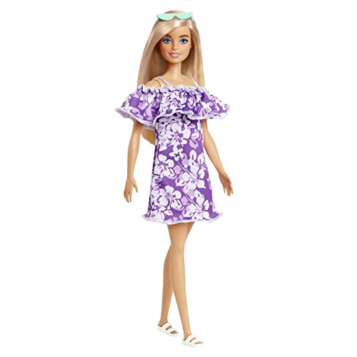 Barbie GRB36 - Loves the Ocean Puppe im lila Blumenkleid (29,21 cm groß, blond), aus recyceltem Kunststoff, mit Mode und Accessoires, Spielzeug Geschenk für Kinder von 3 bis 7 Jahren von Barbie