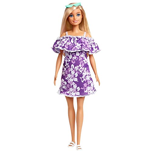 Barbie GRB36 - Loves The Ocean Puppe im lila Blumenkleid (29,21 cm groß, blond), aus recyceltem Kunststoff, mit Mode und Accessoires, Spielzeug Geschenk für Kinder von 3 bis 7 Jahren von Barbie