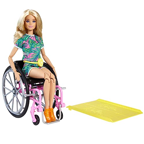 Barbie Fashionistas Doll #165, with Wheelchair & Long Blonde Hair Wearing Tropical Romper, Orange Shoes & Lemon Fanny Pack, Toy for Kids 3 to 8 Years Old - GRB93 von Barbie