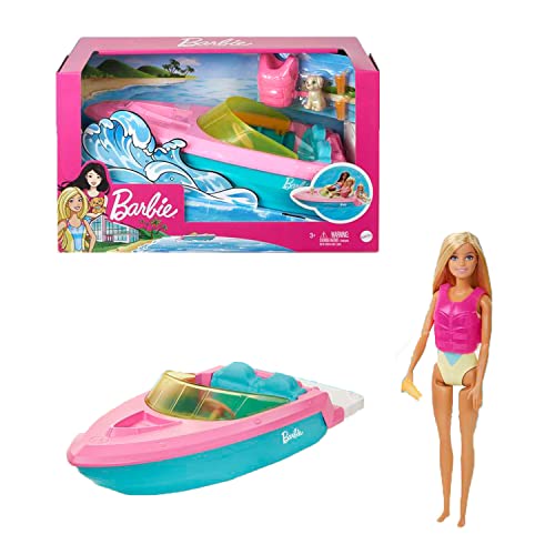 Barbie Speedboat Set, Barbiepuppe mit blonden Haaren, rosa Schwimmweste, Boot, Welpe, Zubehör, Geschenke für Kinder ab 3 Jahren,GRG30 Barbie Speedboat Set, Barbiepuppe mit blonden Haaren, rosa Schwimmweste, Boot, Welpe, Zubehör, Geschenke für Kinder ab 3 Jahren,GRG30 von Barbie