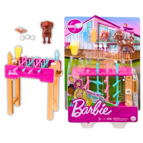 Barbie GRG77 - Mini-Spielset mit Haustier, Zubhörteilen und funktionierendem Tischfußball-Spiel, Thema Spielabend, Geschenk für Kinder von 3 bis 7 Jahren von Barbie
