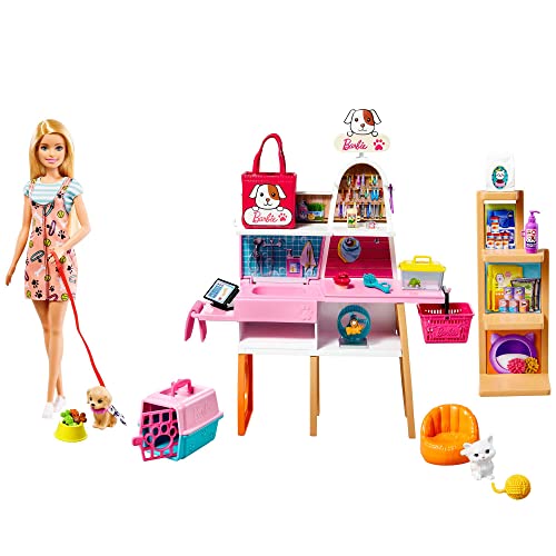 Barbie Pet Salon, 1x Puppe mit blonden Haaren, Welpe, Kätzchen, Haustierzubehör, Zubehör, 25 Teile, Farbwechseleffekt, Geschenke für Kinder ab 3 Jahren,GRG90 von Barbie