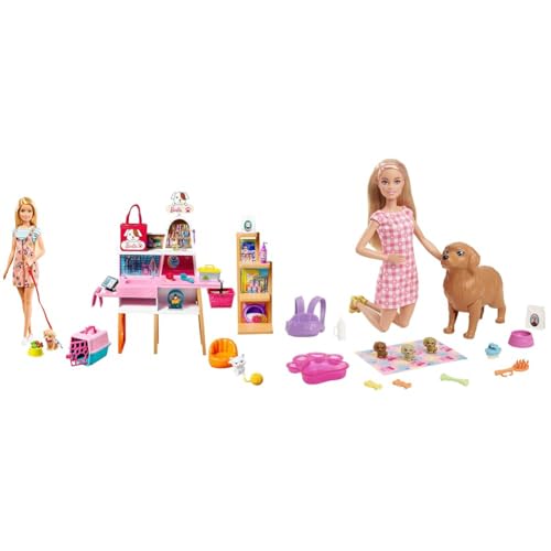 Barbie GRG90 - Puppe und Haustiersalon-Spielset mit 4 Haustieren, Farbwechsel-Fellpflegefunktion und Zubehör & HCK75 - Welpen-Spielset Puppe (ca. 29 cm, mit blonden Haaren), Hündin von Barbie