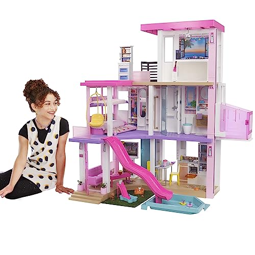 Barbie Dream House (114 cm), 3-stöckiges Puppenhaus mit Barbie-Pool, Rutsche, Barbie-Rollstuhllift, 75+ Barbie-Zubehörteile, ohne Barbie-Puppen, als Geschenk für Kinder ab 3 Jahren geeignet, GRG93 von Barbie