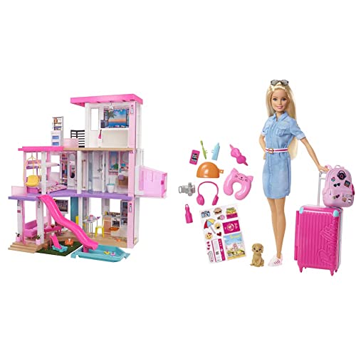 Barbie GRG93 - Traumvilla, dreistöckiges Puppenhaus, ab 3 Jahren & FWV25 Travel Puppe (blond) mit Hündchen, aufklappbarem Koffer, Stickern und mehr als zehn Accessoires, Spielzeug ab 3 Jahren von Barbie