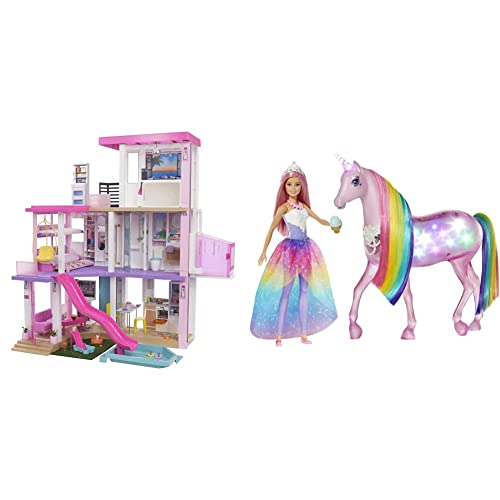 Barbie GRG93 - Traumvilla, dreistöckiges Puppenhaus (114 cm) mit Pool, ab 3 Jahren & GWM78 - Dreamtopia Magisches Zauberlicht Einhorn mit Berührungsfunktion, Licht und Sound, ab 3 Jahren von Barbie