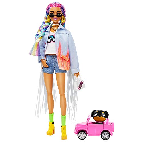 Barbie GRN29 - Extra Puppe mit geflochtenem Regenbogen-Zopf, Langer Jeans-Jacke, Hündchen, Regenbogenzöpfen, Zubehörteile, mehrere bewegliche Gelenke, Spielzeug für Kinder ab 3 Jahren Barbie GRN29 - Extra Puppe mit geflochtenem Regenbogen-Zopf, Langer Jeans-Jacke, Hündchen, Regenbogenzöpfen, Zubehörteile, mehrere bewegliche Gelenke, Spielzeug für Kinder ab 3 Jahren von Barbie