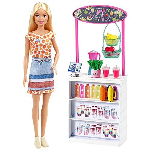 Barbie GRN75 - Wellness Smoothie Bar Spielset mit blonder Barbie, Saftbar und 10 Zubehörteile, Spielzeug ab 3 Jahren von Barbie