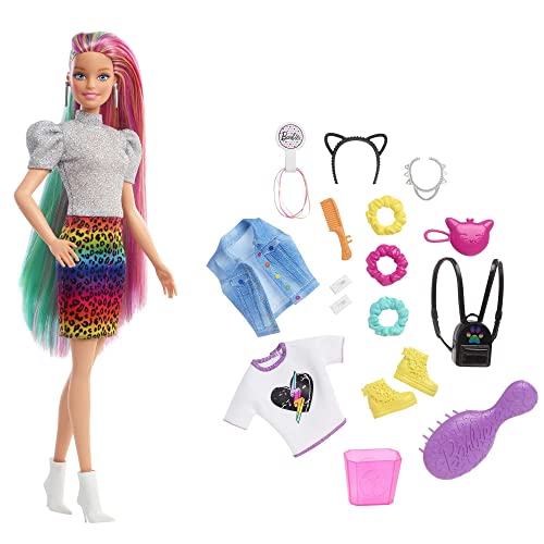 Barbie GRN81 - Leoparden Regenbogen-Haar Puppe (blond) mit Farbwechseleffekt, 16 Zubehörteilen, Spielzeug ab 3 Jahren von Barbie