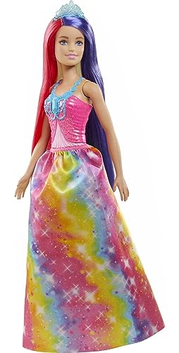 Barbie GTF38 - Dreamtopia Regenbogen Königlich (ca. 30 cm) mit extralangen Fantasiehaaren in Zwei Farben, Haarbürste, Haarschmucken und Stylingzubehör, Geschenk für Kinder von 3 bis 7 Jahren von Barbie