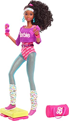 Barbie Rewind 80s Edition Workin' Out Puppe (29,2 cm Brünette) mit Bodysuit, Beinwärmer und Zubehör, mit Kassettenband-Puppenständer, Geschenk für Sammler von Barbie
