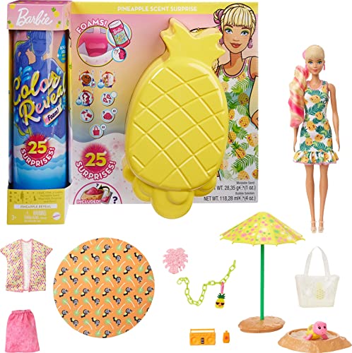 Barbie GTN17 - Color Reveal Foam Reveal Pineapple, Schaumspaß! Puppe & Tier, 25 Überraschungen: Seifenblasenlösung, Moden, Haarverlängerung, Zubehör, Armband, Geschenk für Kinder ab 3 Jahren von Barbie