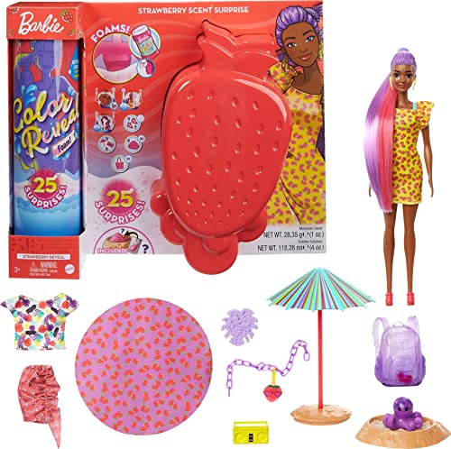 Barbie GTN18 - Color Reveal Foam Reveal Strawberry, Schaumspaß! Puppe & Tier, 25 Überraschungen: Seifenblasenlösung, Mode, Haarverlängerung, Zubehör, Armband, Geschenk für Kinder ab 3 Jahren von Barbie