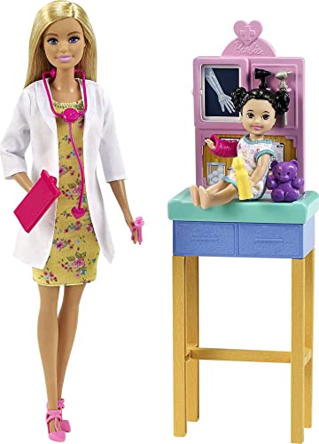 Barbie You Can Be Anything Series, Doktor, Puppe mit blonden Haaren, Baby schwarzen Zöpfen, Röntgengerät, Armgips, Arztkittel, Accessoires, Geschenk für Kinder ab 3 Jahren von Barbie