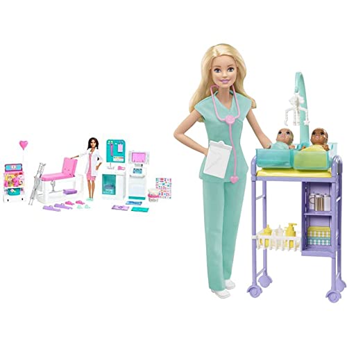 Barbie GTN61 - Gute Besserung Krankenstation Spielset mit brünetter Arztpuppe, ab 4 Jahren & GKH23 - Kinderärztin-Spielset mit Blonder Puppe, 2 Baby-Puppen, ab 3 Jahren von Barbie