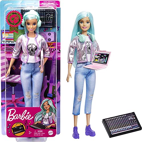 Barbie GTN77 - Musikproduzentin (ca. 30,4 cm), buntes blaues Haar, trendy T-Shirt, Jacke und Jeans, mit Sound-Mischpult, Computer und Kopfhörer als Zubehör, tolles Geschenk für Kinder ab 3 Jahren von Barbie