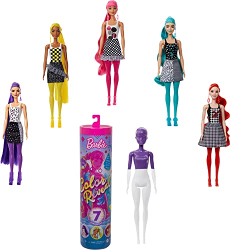 Barbie GTR94 - Color Reveal-Puppe mit 7 Überraschungen: tolle Accessoires (Haarteil, Rock, Schuhe und Ohrringe); Wasserenthüllungseffekt; Farbenblock-Serie; Spielzeug Geschenk für Kinder ab 3 Jahren von Barbie