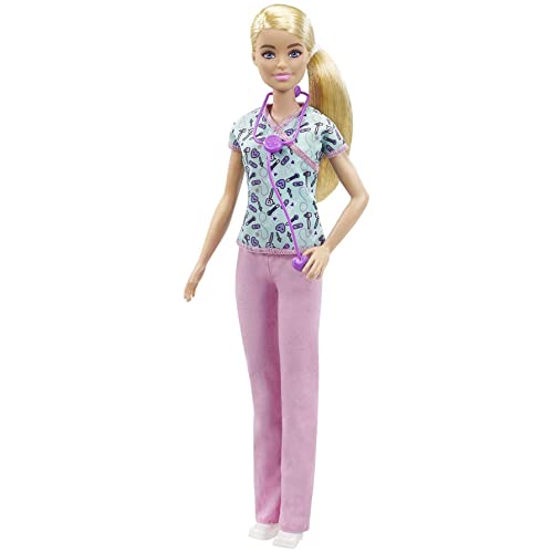 Barbie GTW39 - Krankenschwester-Puppe (ca. 30 cm) mit Oberteil mit Aufdruck und pinker Hose, weißen Schuhen und Stethoskop, tolles Spielzeug Geschenk für Kinder ab 3 Jahren von Barbie