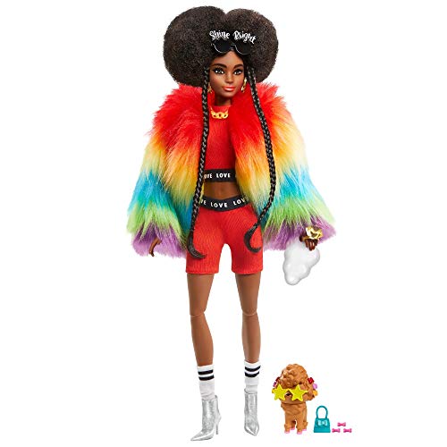Barbie GVR04 - Extra Puppe, kuscheliger Regenbogen-Mantel mit Pudel, brünetten Afro-Puffs und geflochtenen Zöpfen, mehrschichtigem Outfit,bewegliche Gelenke, Geschenk für Kinder ab 3 Jahren von Barbie