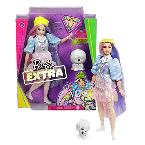 Barbie GVR05 - Extra Puppe, schimmernder Look mit Hündchen, pinken und lila Fantasiehaaren, mehrschichtigem Outfit,bewegliche Gelenke, Geschenk für Kinder ab 3 Jahren von Barbie