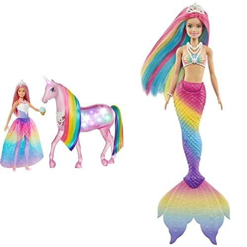 Barbie GWM78 - Dreamtopia Magisches Zauberlicht Einhorn mit Berührungsfunktion & Dreamtopia Rainbow Magic Mermaid, Meerjungfrau mit Regenbogenhaaren von Barbie