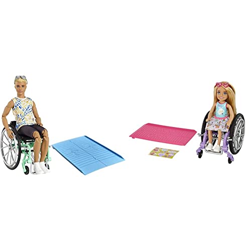 Barbie GWX93 - Ken Puppe mit Rollstuhl und Rampe, bekleidet mit einem Batik-Shirt, schwarzen Shorts & Chelsea Puppe (blond) im Rollstuhl, mit Rock und Sonnenbrille, inklusive Rampe und Sticker-Bogen von Barbie