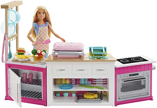 Barbie Ultimate Kitchen, 20 Zubehörteile, Kochen und Backen mit Licht- und Soundeffekten, 5 Teigfarben, inkl Puppe, Geschenk für Kinder, Spielzeug ab 3 Jahre,GWY53 von Barbie