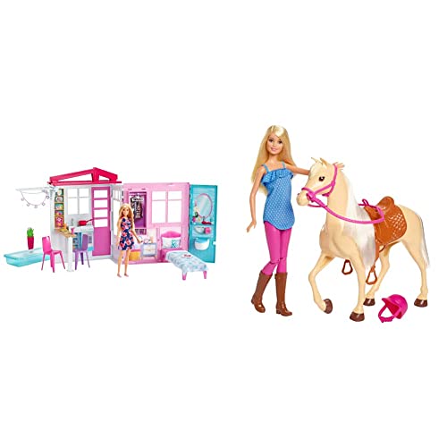 Barbie GWY84 - Ferienhaus mit Puppe, Möbeln und Pool, ca. 46 cm hoch, ab 3 Jahren & FXH13 - Pferd mit Mähne und Puppe mit beweglichen Knien, Puppen Spielzeug und Puppenzubehör, ab 3 Jahren von Barbie