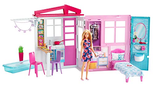 Barbie-Haus mit Küche, Schlafzimmer, Badezimmer, Pool, komplett eingerichtet Möbeln, verschließbar mit Aufbewahrungsgriff, Puppen, Geschenke für Kinder ab 3 Jahren,GWY84 von Barbie