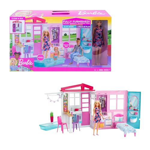 Barbie-Haus mit Küche, Schlafzimmer, Badezimmer, Pool, komplett eingerichtet Möbeln, verschließbar mit Aufbewahrungsgriff, Puppen, Geschenke für Kinder ab 3 Jahren, GWY84 von Barbie