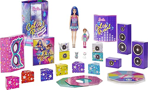 Barbie GXJ88 - Color Reveal Überraschungsparty, 50 Überraschungen: 1 Puppe, 1 Chelsea Puppe, 2 Tiere, 6 Farbwechsel, Zubehör & mehr, Tanzparty Set, Spielzeug Geschenk für Kinder ab 3 Jahren von Barbie