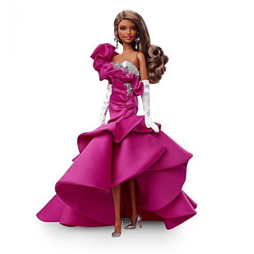 Barbie GXL13 - Signature Pink Collection Puppe (brünett, ca. 30 cm groß) mit Silkstone-Körper und Abendkleid aus Satin, Geschenk für Sammlerinnen und Sammler von Barbie
