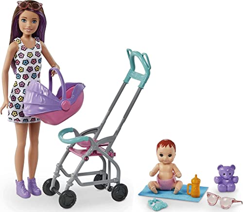 Barbie Skipper Babysitter Inc, Skipper mit braunen und lila Haaren, Baby mit roten Haaren, Kinderwagen, Babytrage, Zubehör, insgesamt 2 Puppen, Geschenk für Kinder, Spielzeug ab 3 Jahre von Barbie