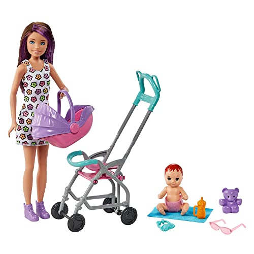 Barbie Skipper Babysitter Inc, Skipper mit braunen und lila Haaren, Baby, Kinderwagen, Babytrage, Zubehör, insgesamt 2 Puppen, Geschenk für Kinder, Spielzeug ab 3 Jahre,GXT34 von Barbie