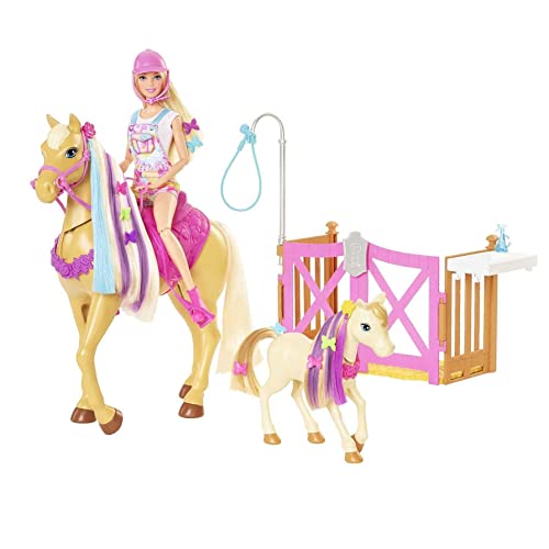 Barbie GXV77 - Frisier- und Reitspaß, Reitset mit Pferd, Pony, Puppe und über 20 Zubehörteilen, für Kinder ab 3 Jahren von Barbie
