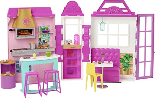Barbie Cook 'n Grill Restaurant, 6 Spielbereiche, über 30 Teile, Licht- und Soundeffekte, Spielset klappbar, Puppe, Geschenk für Kinder, Spielzeug ab 3 Jahre, (20,3 x 87,8 x 43,7 cm) von Barbie