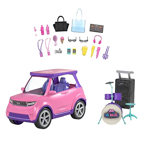 Barbie Big City Big Dreams, Auto Cabrio, 2:1 verwandelt Sich in Bühne, inkl Zubehör für Konzerte wie Schlagzeug, Spielzeug für ab 3 Jahren, GYJ25 von Barbie