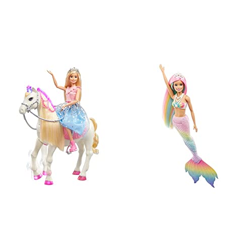 Barbie GYK64 - Modern Princess Prance & Shimmer Horse, ab 3 Jahren & GTF89 - Dreamtopia Regenbogenzauber Meerjungfrauen-Puppe mit Regenbogenhaaren und Farbwechsel-Funktion, 3 bis 7 Jahren von Barbie
