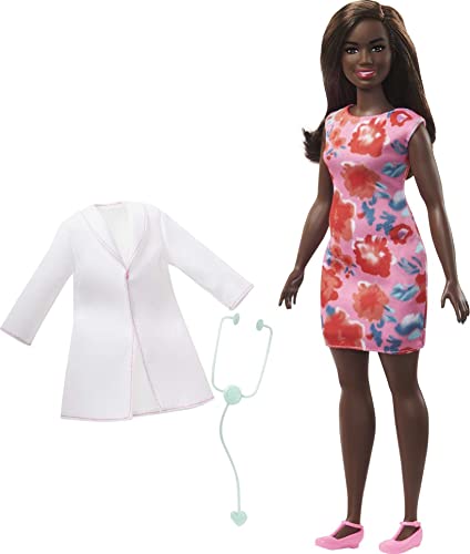 Barbie GYT29 - Ärztin Puppe (ca. 30 cm), brünettes Haar, kurvige Form, Arztkittel, bedrucktes Kleid, Stethoskop-Accessoire, tolles Spielzeuggeschenk für Kinder, ab 3 Jahren von Barbie