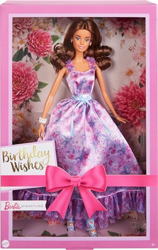 Barbie Signature Birthday Wishes Puppe, Sammlerpuppe in satiniertem lila Kleid mit gewelltem braunem Haar und Geschenkverpackung, HRM55 von Barbie