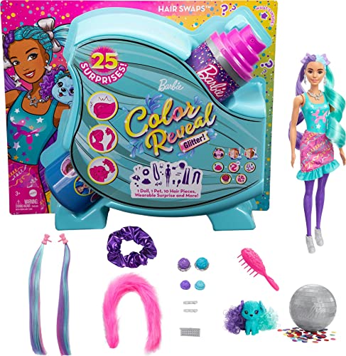 Barbie HBG41 - Color Reveal Balloon Haarwechsel Puppe, Glitzerviolett Spielset mit 25 Überraschungen rund um Haarstyling und Party, Spielzeug ab 3 Jahren von Barbie