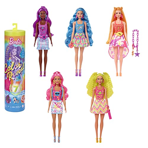 Barbie HCC67 - Color Reveal Puppe mit 7 Überraschungen beim Auspacken, Neonfarbener Batikdruck mit Farbwechsel, Mehrfarbig, Spielzeug Geschenk für Kinder ab 3 Jahren von Barbie