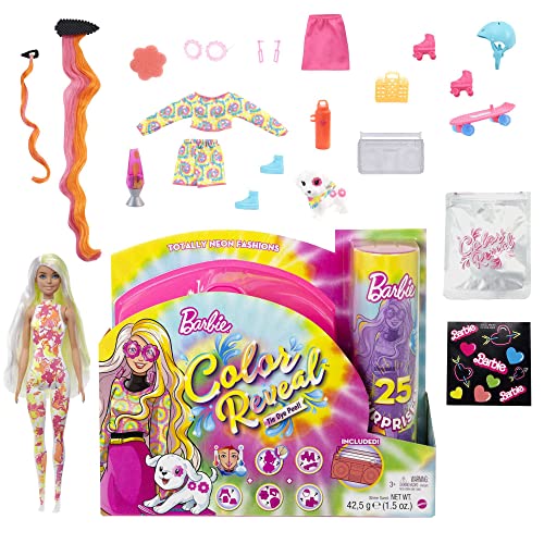 Barbie HCD26 - Color Reveal Totally Neon Fashions Puppe mit gelb gesträhnten brünetten Haaren und 25 Überraschungen, inklusive Farbwechsel, Spielzezug für Kinder ab 3 Jahren von Barbie